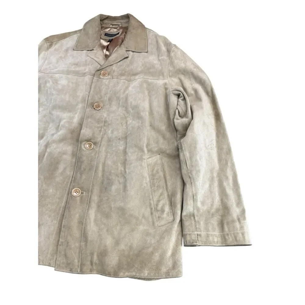 Banana Republic Men’s Suede Shirt Jacket Beige Olive Green Size L Button Up